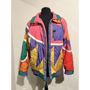 Vtg 90s Patchwork Puffer Jacket Windbreaker Medium Colorful Ski Jacket Hong Kong